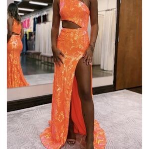Helly Moon Sparkly Orange Sequin One Shoulder Long Prom Dress with Slit